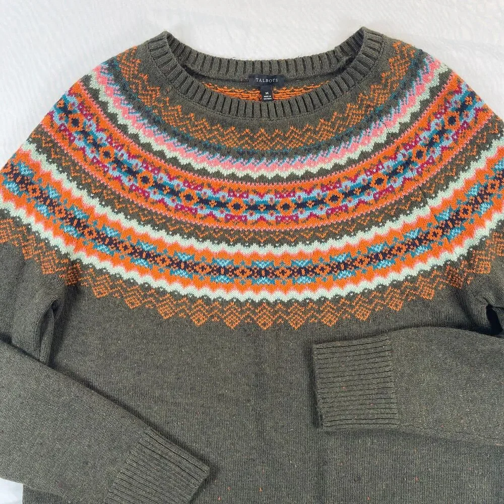 Talbots Fair Isle Knit Circular Yoke Sweater M Olive Orange Crewneck Cabin Fall